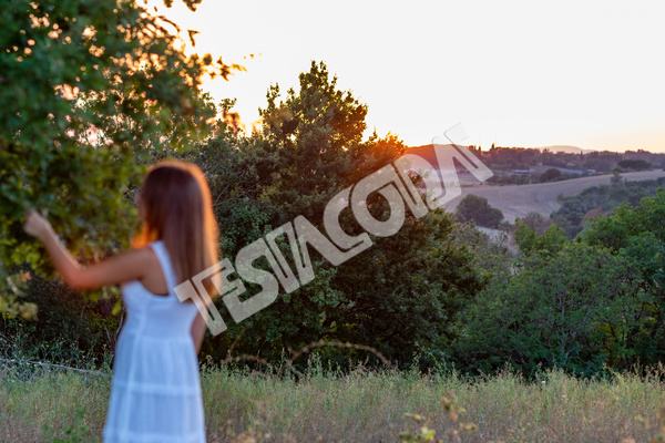 Blurred sunset profile of a young girl with long blonde hair dressed in white as she touches the leaves of the magic tree in countryside