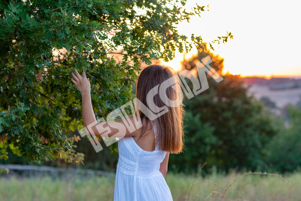 A young girl with long blond hair, dressed in white, with her head turned to the setting sun, touches the leaves of the magic tree in countryside